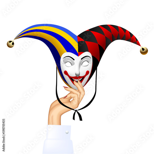 Woman's hand with a smiled Joker mask isolated on white. Casino symbol and poster. Three dimensional stylized drawing. Vector illustration