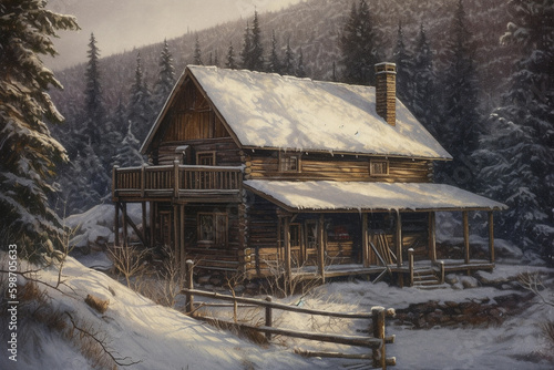 A cozy, rustic cabin surrounded by a snowy winter. generative AI © busra