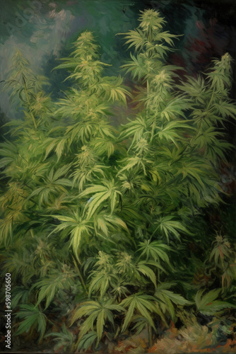 Painting of marijuana plant, artistic paint interpretation of cannabis flowers. Generative AI