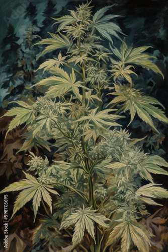 Painting of marijuana plant  artistic paint interpretation of cannabis flowers. Generative AI