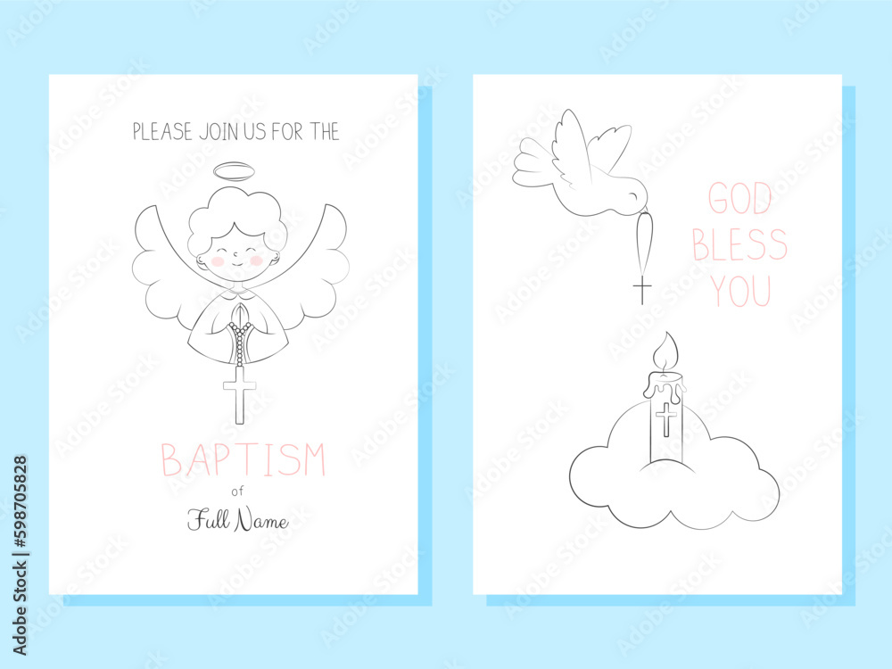 Set of Templates Invitations for Baptism Day Cute Angel Boy Holds a Cross and Dove Peace with Cross Simple Doodle Vector Illustration Set of Templates Invitations for Baptism Day Cute Angel Boy Holds a Cross and Dove Peace with Cross Simple Doodle Vector Illustration