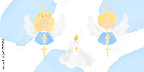 Cute Angels Girl and Boy in Festive Attire with Folded Hands on the Chest for Prayer and a Cross Hanging on the Folded Hands Cloud and Candle Vector Illustration Banner for Baptism in Watercolor Style