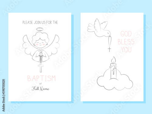 Set of Templates Invitations for Baptism Day Cute Angel Boy Holds a Cross and Dove Peace with Cross Simple Doodle Vector Illustration