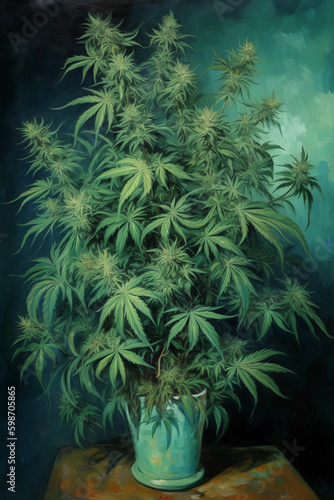 Painting of marijuana plant  artistic paint interpretation of cannabis flowers. Generative AI