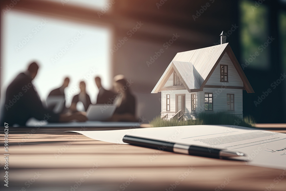 House model and contract, agent and customers discussing buying renting house, get insurance or loan real estate or property on background. Concept of mortgage. Made with Generative AI - obrazy, fototapety, plakaty 