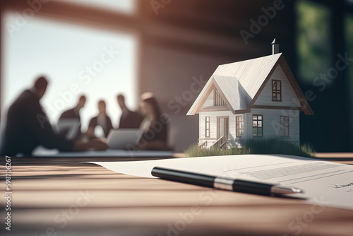 House model and contract, agent and customers discussing buying renting house, get insurance or loan real estate or property on background. Concept of mortgage. Made with Generative AI