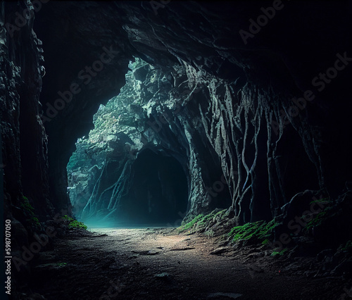 exit from the dark cave to the light. ai generated Generative AI