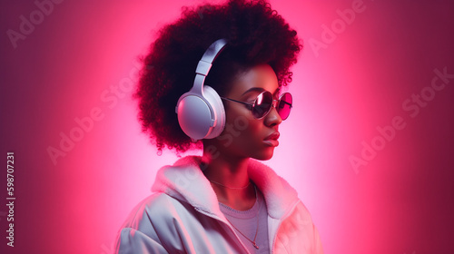 Portrait of African American woman in white headphones listens to music on neon light background. Generative AI. High quality illustration