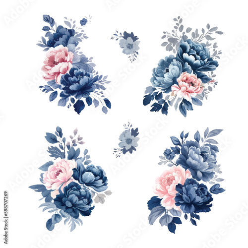 Navy blue watercolor flowers set. Wedding concept. Vector design elements for greeting card or invitation design