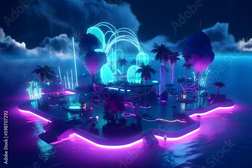 Neon themed island, futuristic