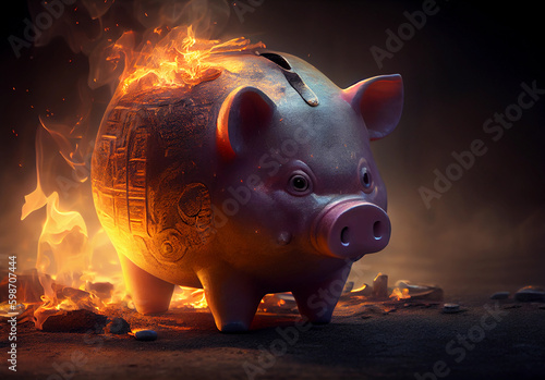 pink pig piggy bank is lit. financial crisis. monetary inflation. ai generated Generative AI