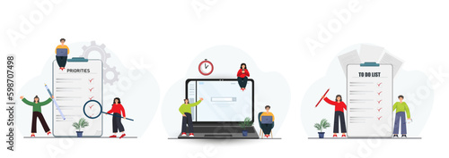 Set of people searching information on the web site at the laptop, downloading files to the computer, surfing internet, planning work, freelance work concept, teamwork concept, online learning concept