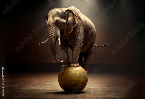 circus elephant stands on a ball. circus trick. ai generated Generative AI