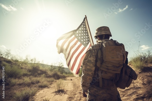 An American soldier with an American flag in his hand looks out into the clear weather for Day of Remembrance or July 4, Day of Remembrance. generative ai
