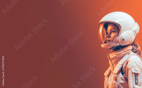 Cute girl in white spacesuit on orange background. Banner, copy space. Generative AI photo