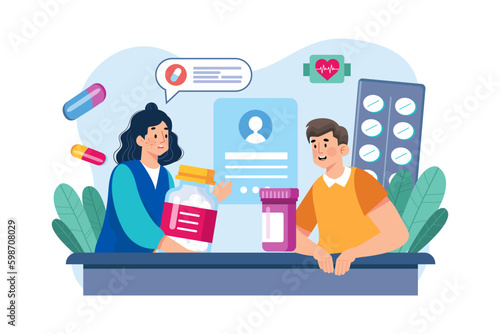 A pharmacist dispenses medication and provides advice on their use.