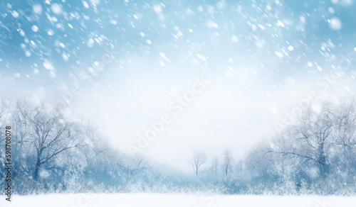 Snowfall background, white and blue background image, snowy landscape. Generative Ai. 