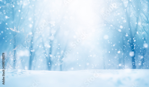 Snowfall background, white and blue background image, snowy landscape. Generative Ai.   © Saulo Collado