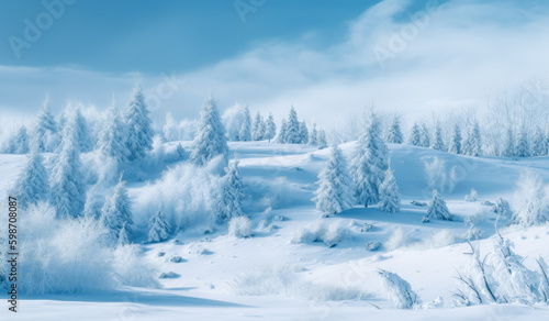 Snowfall background, white and blue background image, snowy landscape. Generative Ai. 
