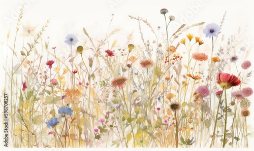  a painting of a field of wildflowers and grasses.  generative ai