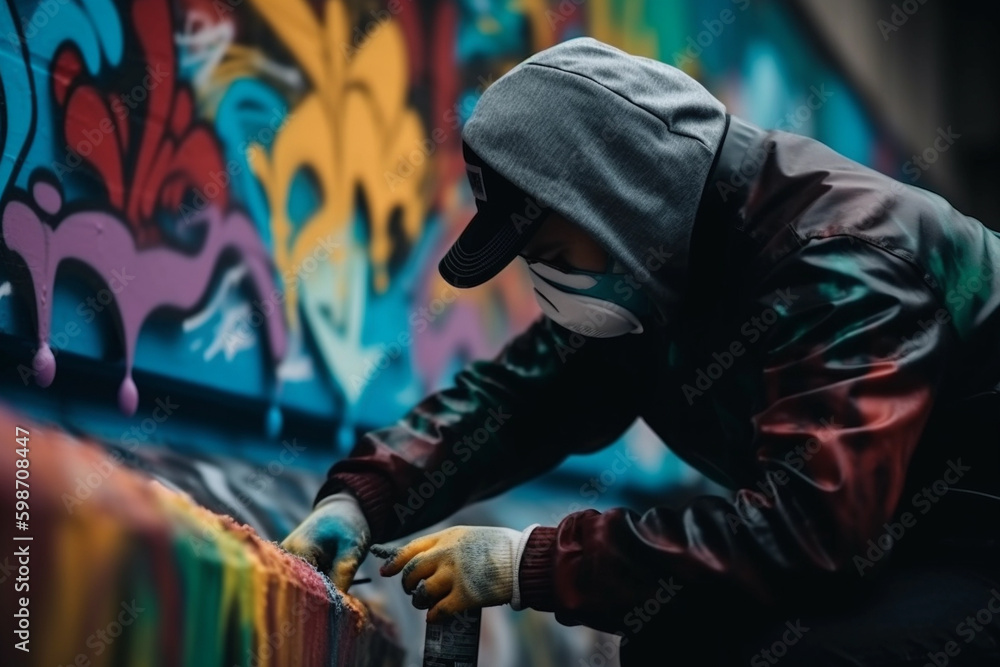 a graffiti artist spray painting a colorful mural. generative AI