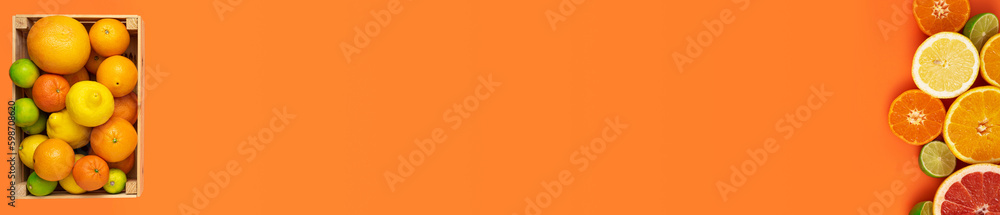 Fresh, fruity and juicy fruits concept as web banner. Flat layout banner with a box of whole fresh citrus fruits on the left and more cut fruits on the right side of the image on an orange background. Fresh, fruity and juicy fruits concept as web banner. Flat layout banner with a box of whole fresh citrus fruits on the left and more cut fruits on the right side of the image on an orange background.