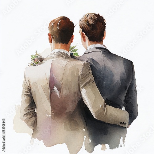 groom hugging groom back view watercolor style Generative AI