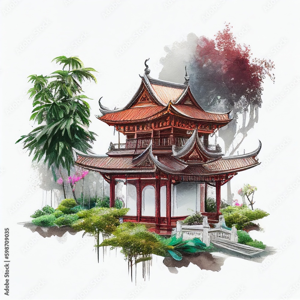 asian style house in watercolor style Generative AI asian style house in watercolor style Generative AI