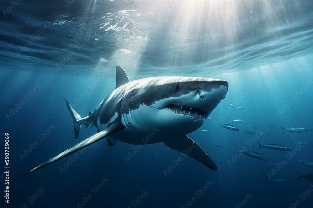Fototapeta premium Animals, nature and wildlife concept. Great white shark swimming in deep blue waters. Generative AI