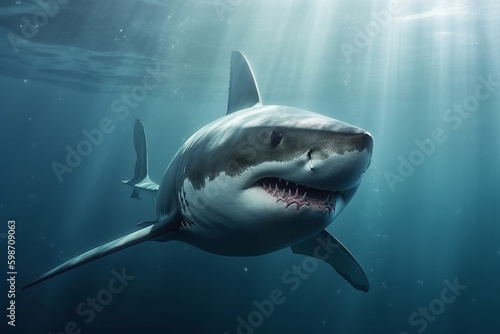 Animals  nature and wildlife concept. Great white shark swimming in deep blue waters. Generative AI