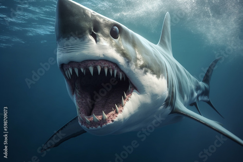 Animals, nature and wildlife concept. Great white shark swimming in deep blue waters. Generative AI © Rytis
