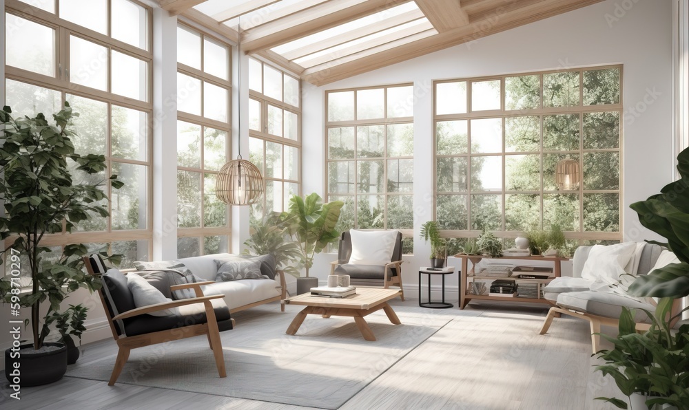  a living room filled with lots of windows and furniture next to a potted plant.  generative ai