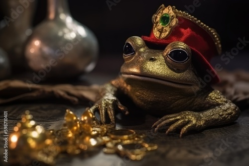 a rich Frog wearing golden crown, MEME coin representive photo