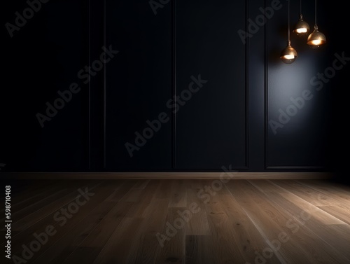 Serene Empty Room with Wooden Floor and black wall natural light coming from the windows. Generative AI.