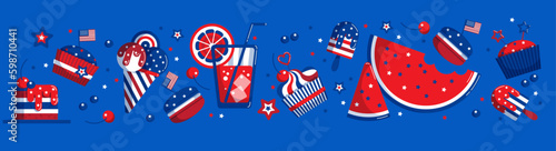 Cute vector seamless pattern with food, drink, cupcakes, ice cream, watermelon, macaron, stars. Patriotic background for 4th of July in USA, decor, textiles, tape, ribbon, banners, wrapping, wallpaper