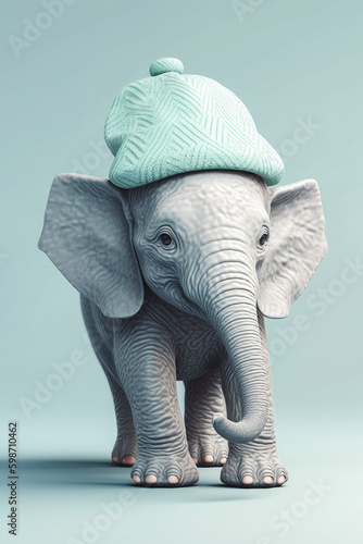 Cute little baby elephant in mint-colored knitted hat on light background. Generative AI. High quality illustration