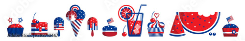 4th of July Usa Independence Day party food and drink vector clipart, border decor. Set of cupcakes, ice cream, juice, watermelon, cake in white, blue, red Us flag colors, isolated on white background