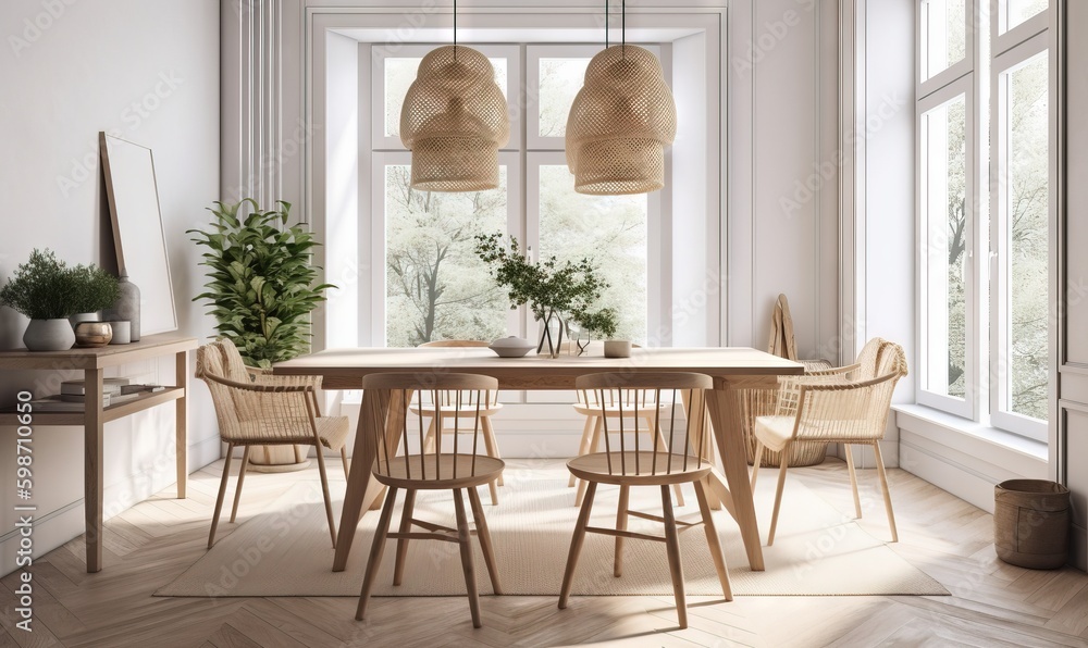 Fototapeta premium a dining room with a table and chairs and a potted plant. generative ai