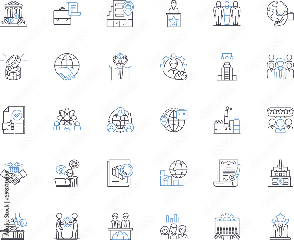 Global economy line icons collection. Interconnectedness, Integration, Competition, Markets, Trade, Exchange, Export vector and linear illustration. Import,Tariffs,Protectionism outline Generative AI