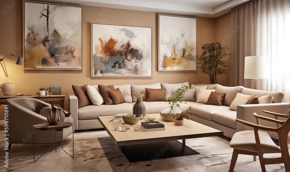 a living room filled with furniture and a painting on the wall. generative ai a living room filled with furniture and a painting on the wall. generative ai