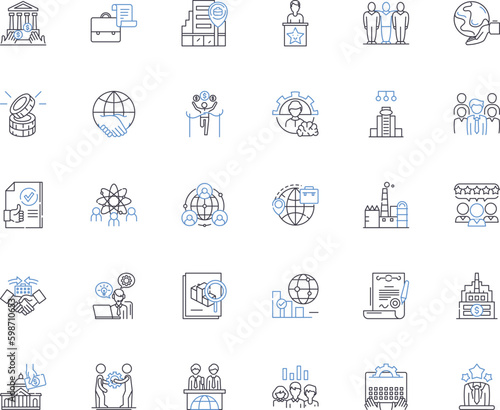 Global economy line icons collection. Interconnectedness, Integration, Competition, Markets, Trade, Exchange, Export vector and linear illustration. Import,Tariffs,Protectionism outline Generative AI