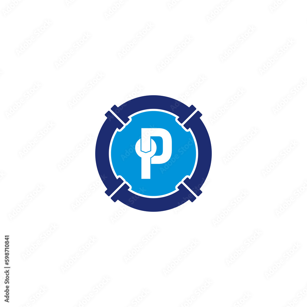 Letter P, Pipe and Wrench Logo Design 002 Letter P, Pipe and Wrench Logo Design 002