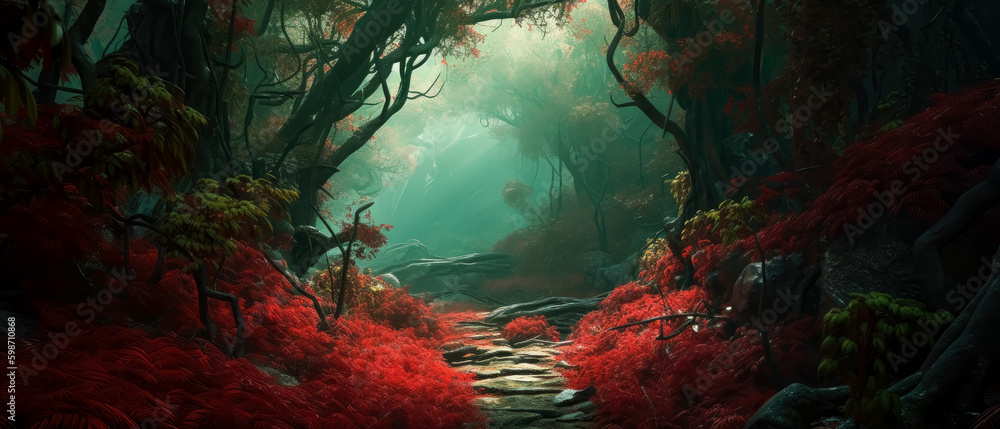 A green jungle with red leaves and trees, in the style of medieval fantasy. Generative Ai. 