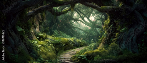 Fairy forest with trees and grass, landscapes, detailed fantasy art, and dark green forest passage. Generative Ai. 