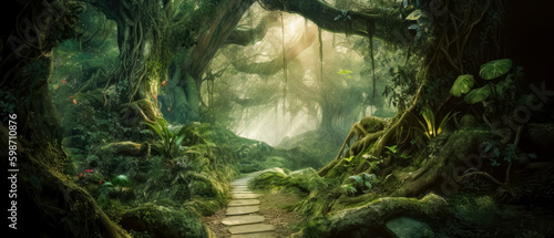 Fairy forest with trees and grass  landscapes  detailed fantasy art  and dark green forest passage. Generative Ai. 