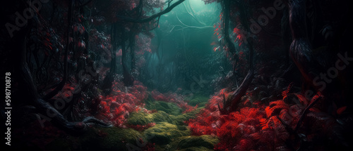 Fototapeta Naklejka Na Ścianę i Meble -  A green jungle with red leaves and trees, in the style of medieval fantasy. Generative Ai. 