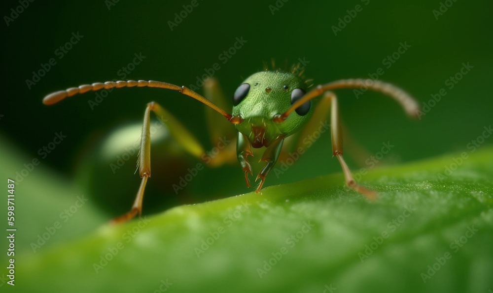 Fototapeta premium a close up of a green insect on a green leaf. generative ai