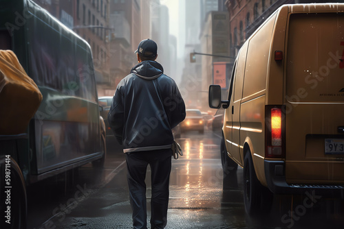 a man walking a busy urban landscape. generative AI © busra