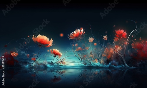  a painting of red flowers on a dark background with water. generative ai