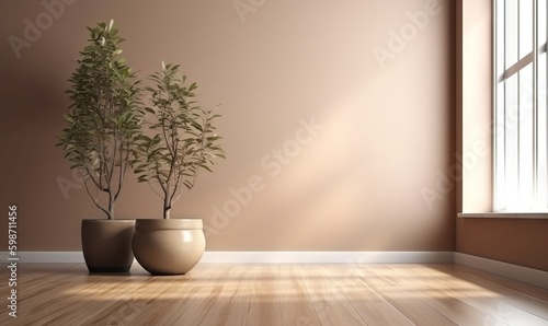  two vases with plants in them on a wooden floor.  generative ai